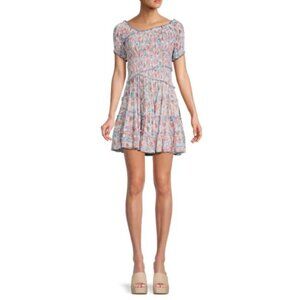 Poupette St Barth 'Soledad' Smocked Floral Mini Dress, Aqua Dahlia